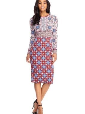 NWT Maggy London Red Carmen Long-Sleeve Mixed Print Midi Dress